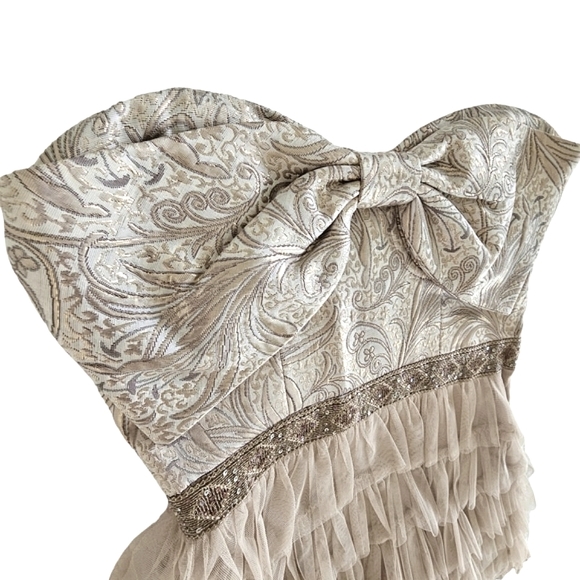 Inspire Me Strapless Taupe/Gold Tapestry Bow/Tiered Mesh Ruffle Party Dr… - Picture 10 of 17
